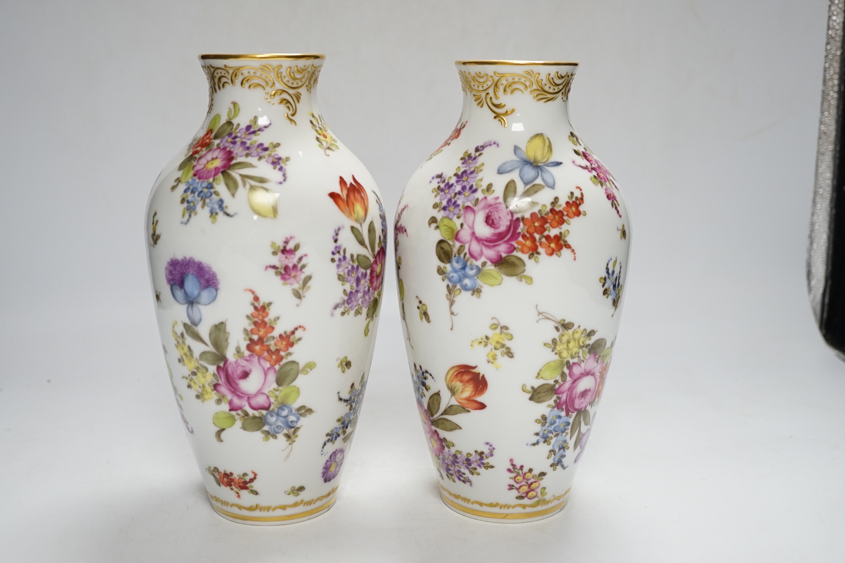 A pair of Dresden floral vases, painted with flowers, pseudo crossed swords marks, 22.5cm